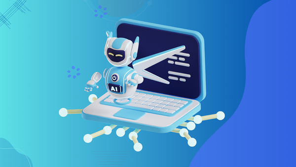 an icon of laptop and a robot in 3D style on the blue background