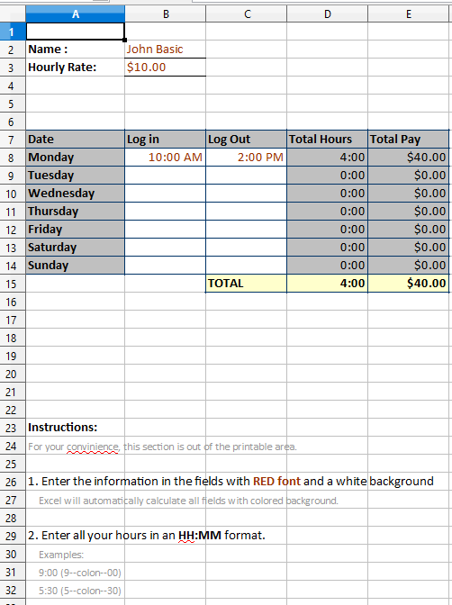 hourly time sheet