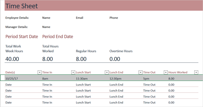 work hours excel template