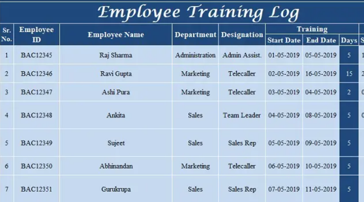 excel training log screenshot 