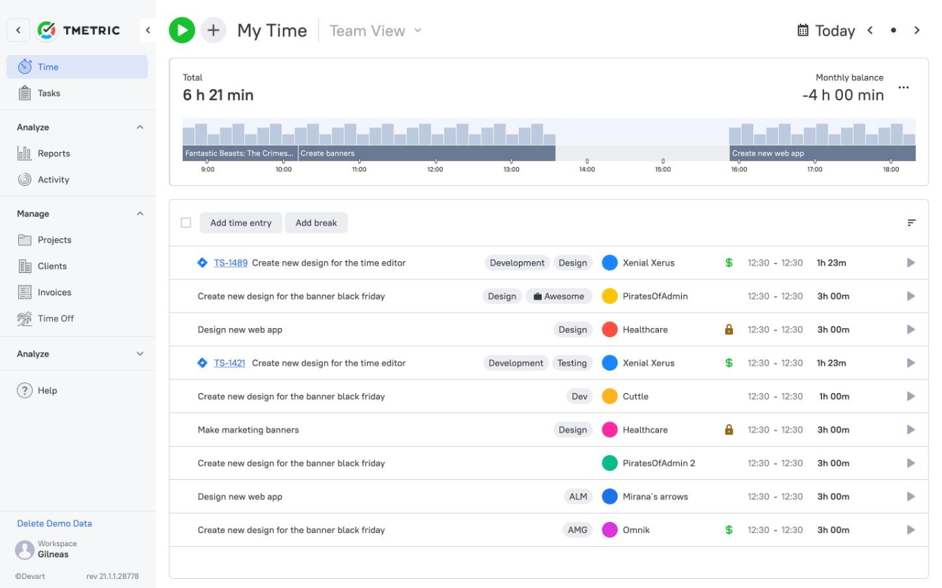 TMetric Main Interface of the best app to track time management