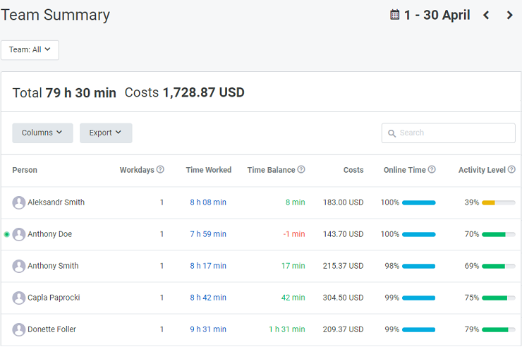 tmetric screenshot team summary 