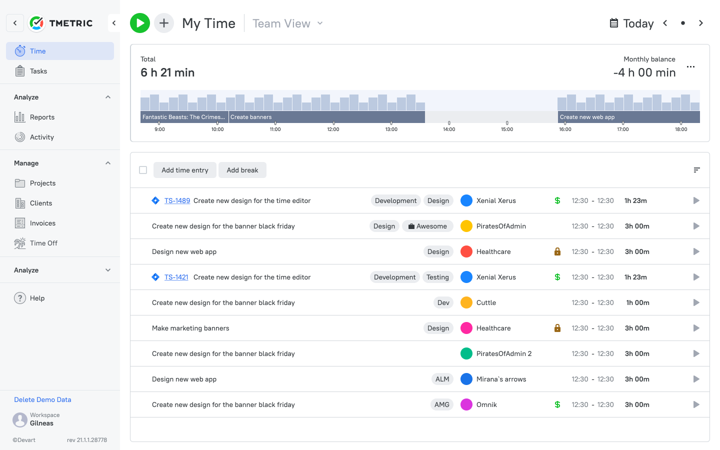 TMetric main interface