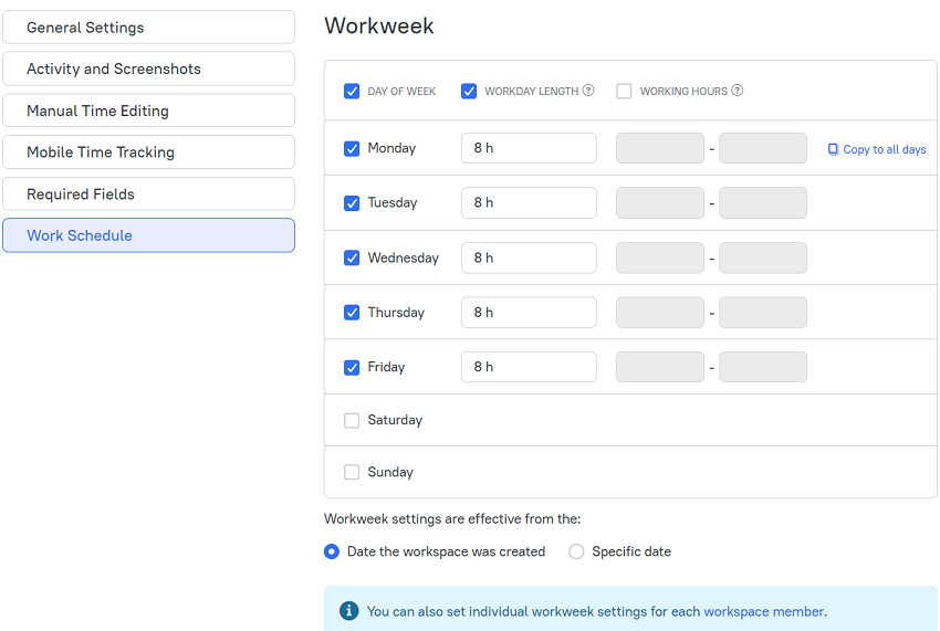 TMetric screenshot for setting schedules of employees 