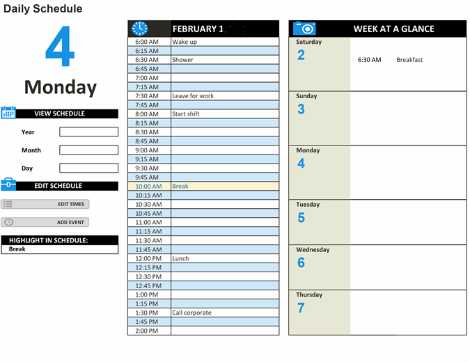 excel daily work schedule template