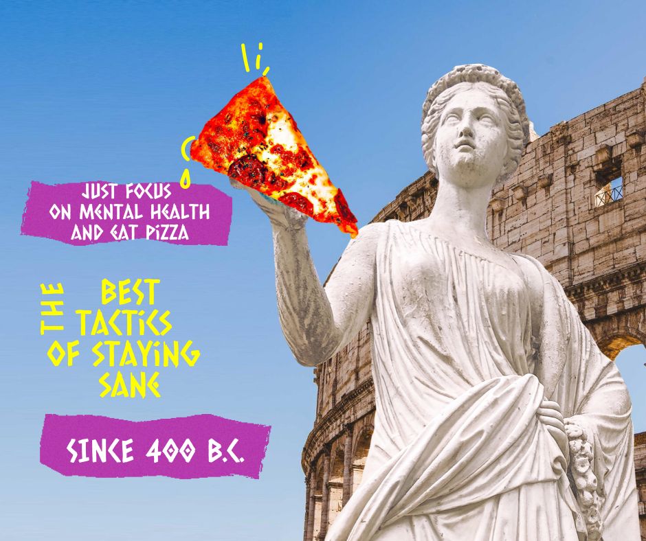 a statue holding pizza and words just focus on mental health