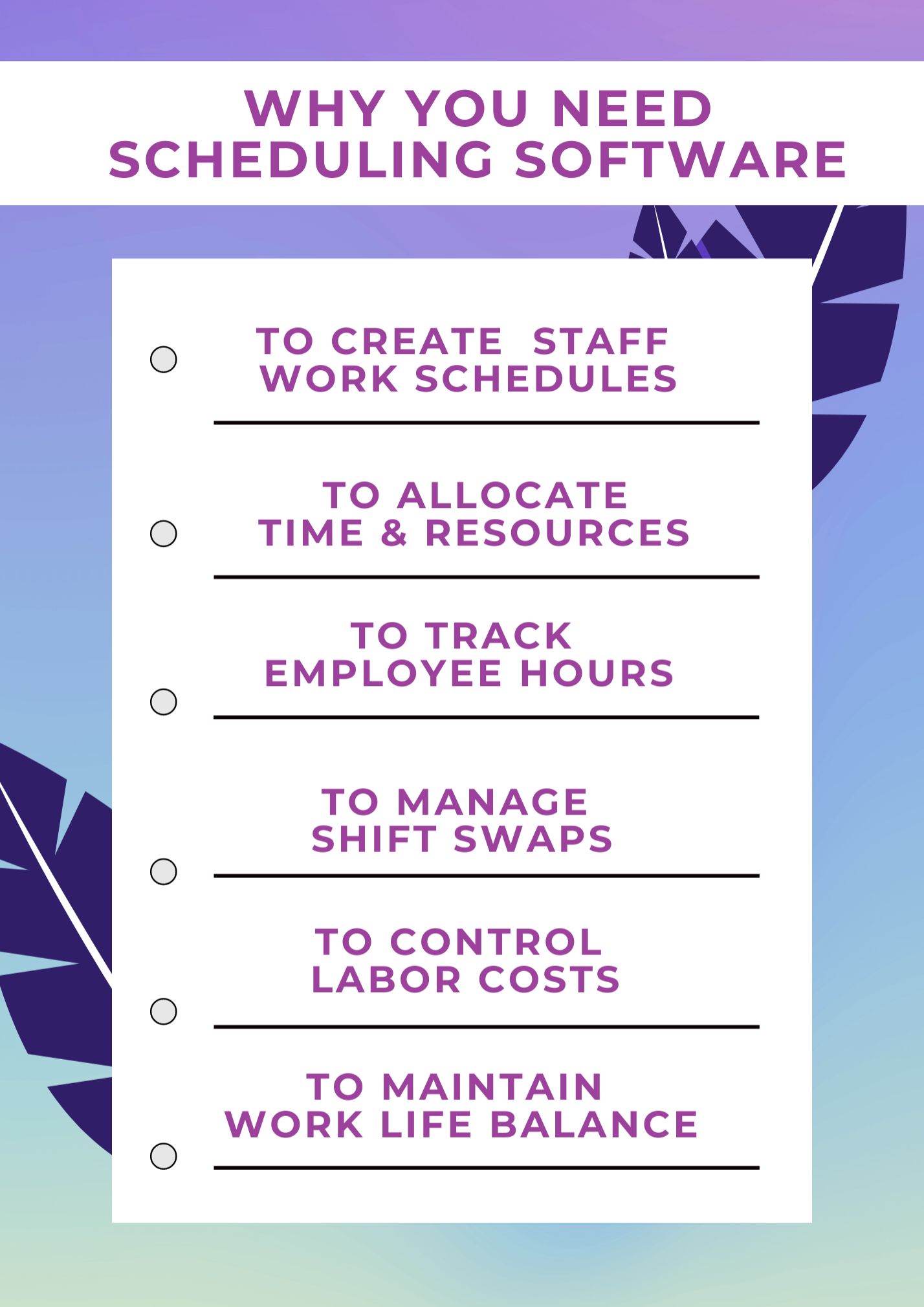 list of reasons for having scheduling software - a list of bullet points on the blue background