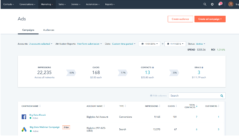 Hubspot Marketing Hub screenshot