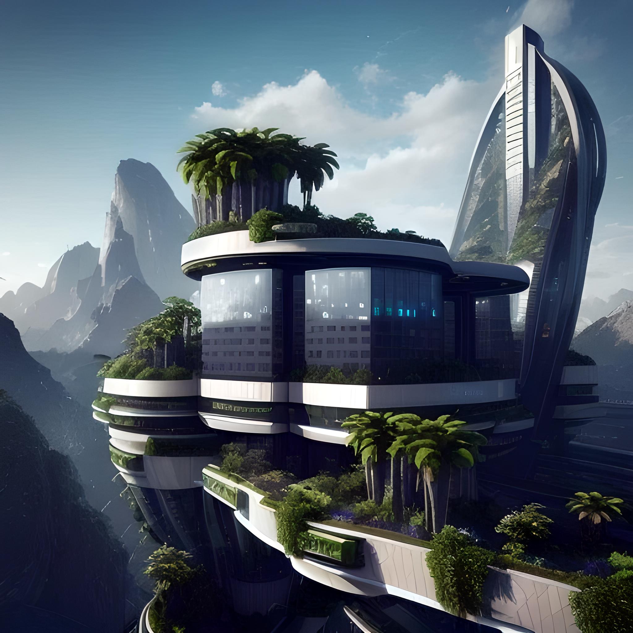 futuristic office building with plants 