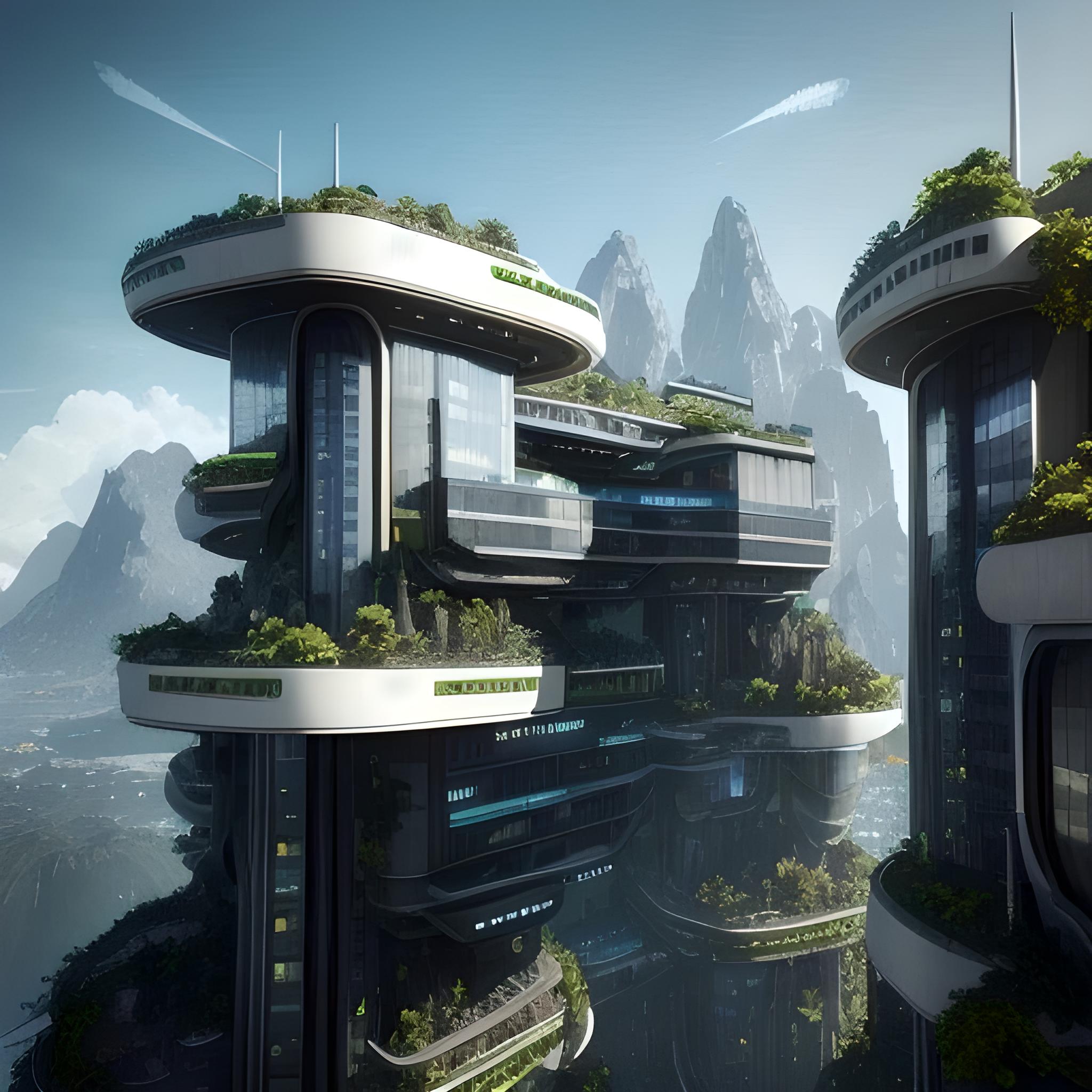 futuristic office and mountains 