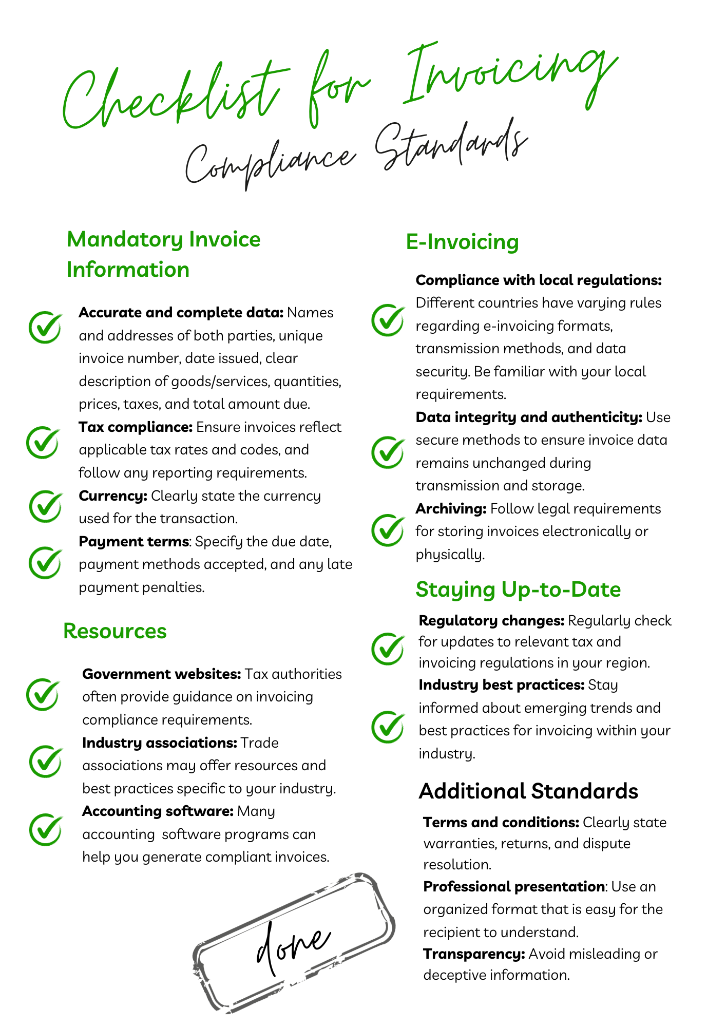 checklist for complying to invoicing standards 