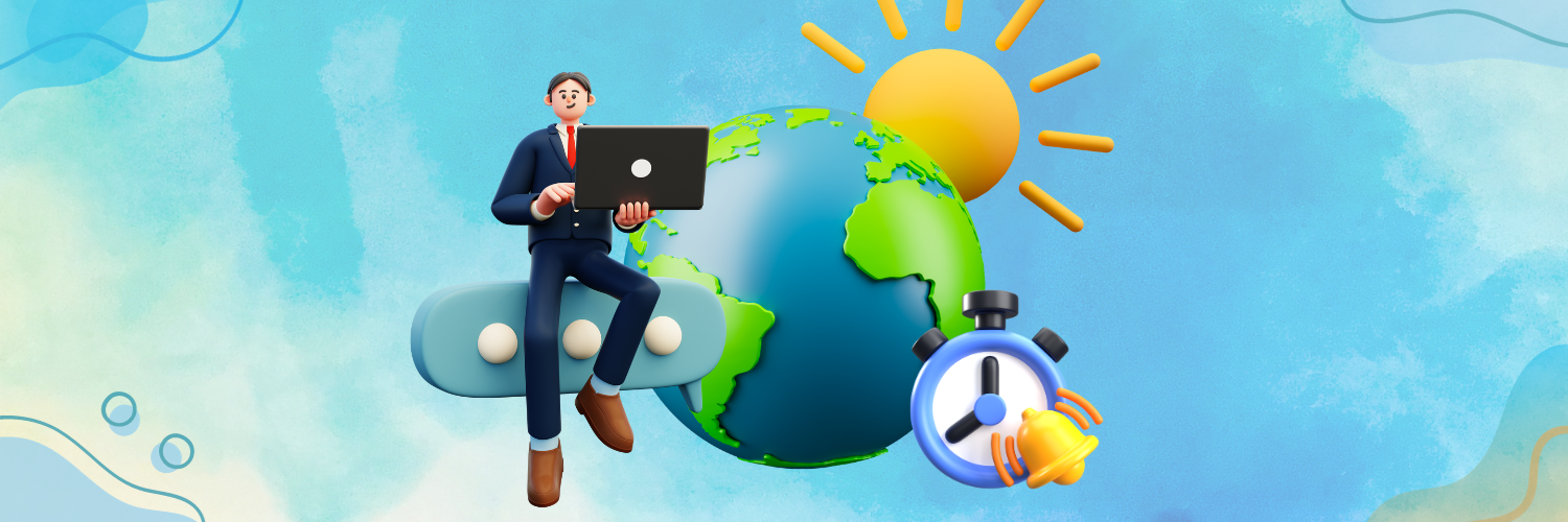 small banner with a globe and sun and clock for presenting work in different time zones