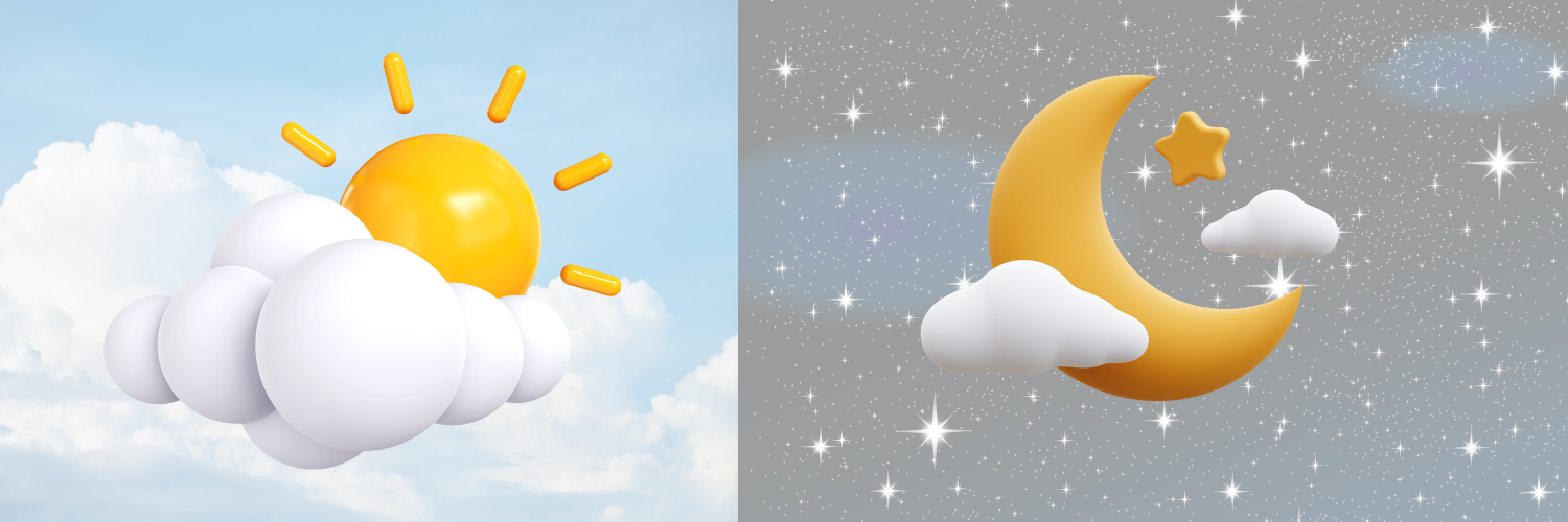 image of the sun and the moon in 3D icon style for presenting working in different time zones 