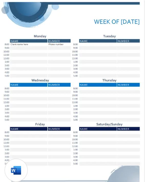 Weekly Blank Calendar Template by Microsoft 