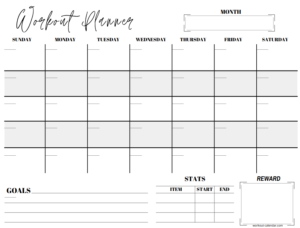 Fitness Blank Calendar Template by Workout Calendar