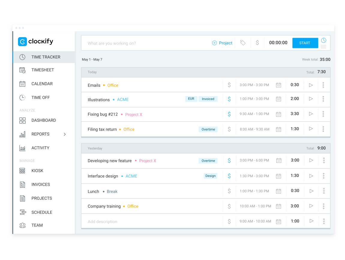 clockify dashboard