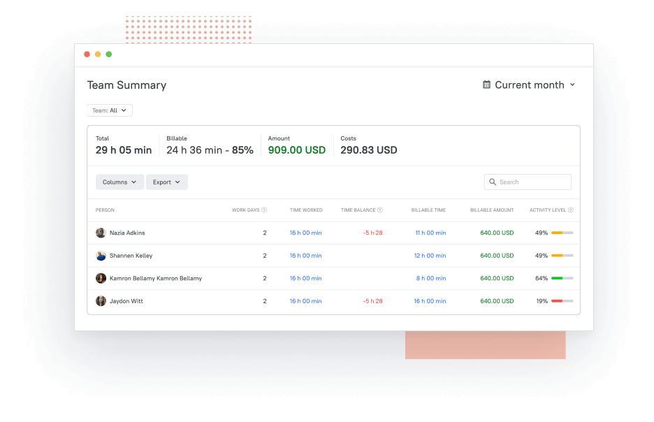 tmetric team summary