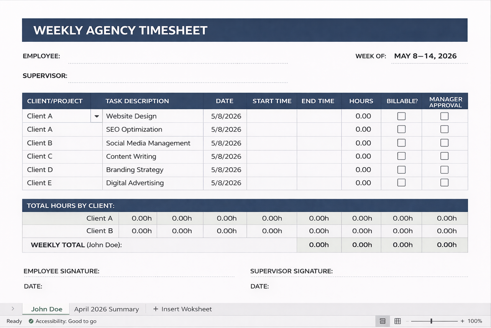 Agency Timesheet Template for Google Sheets and Excel