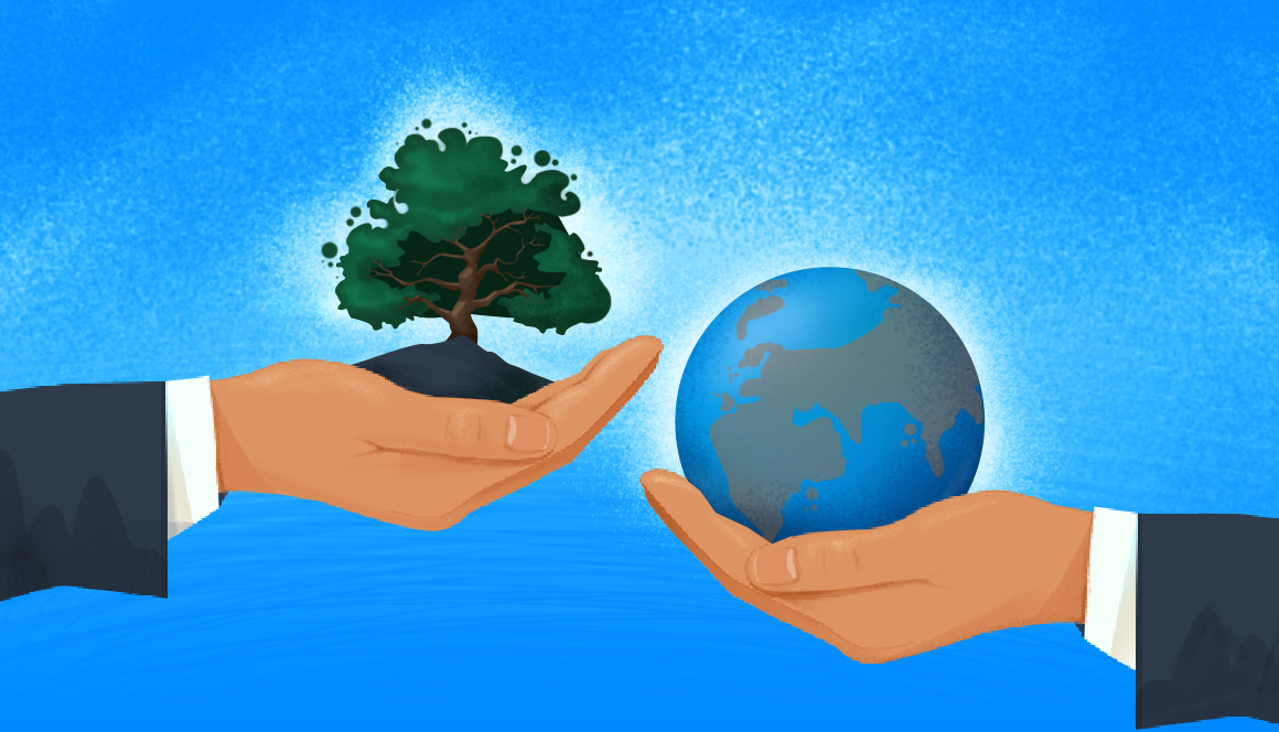 hands holding a tree and a globe, on the blue backgrou