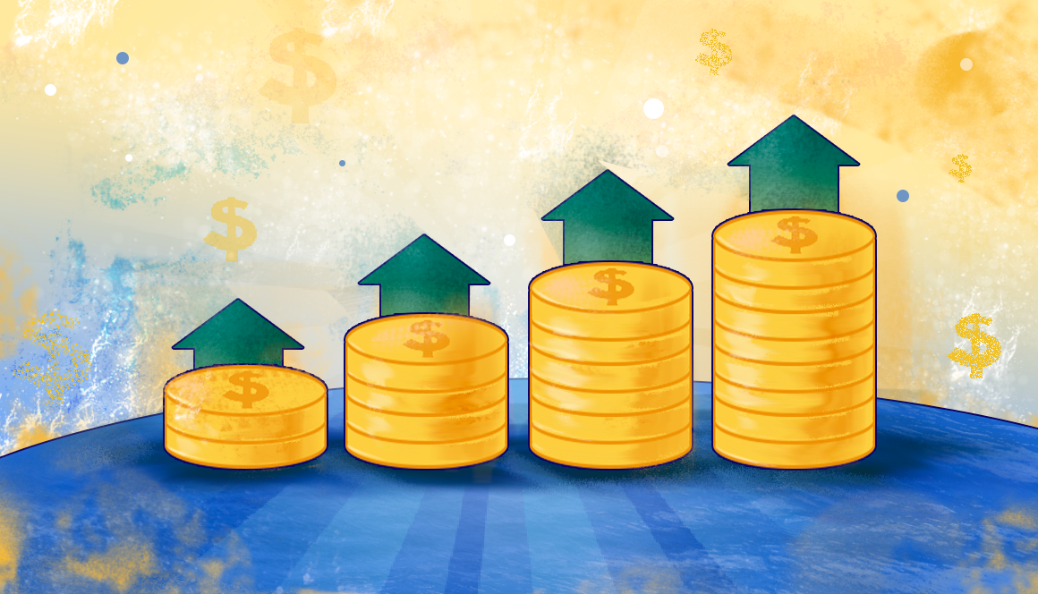 coins stacks on the pale yellow and blue background