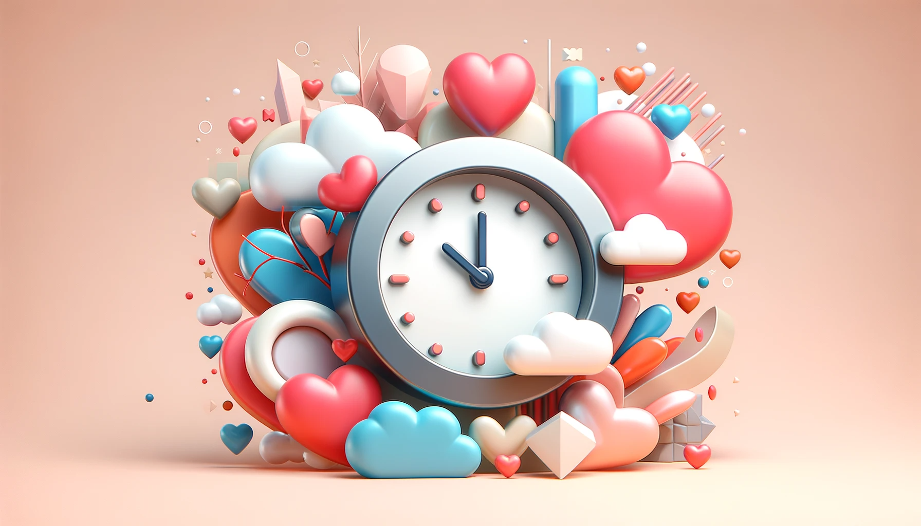 3D icon clock surrounded with hearts and jewels for Valentine's Day 
