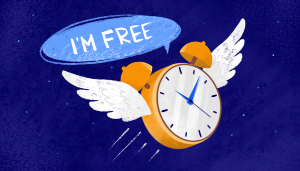 clock with wings ans words I am free on the blue background